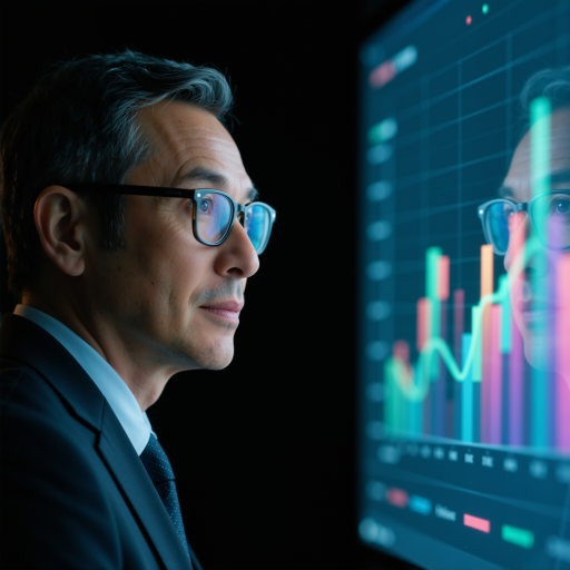 五十岁左右中年男性，戴眼镜，穿深色西装，背景科技感，正面严肃表情