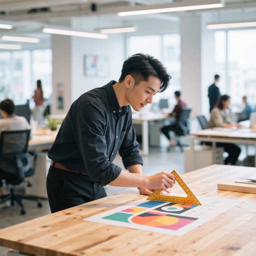 四十岁左右中年男性，短发，穿黑色衬衫，背景工业设计工作室，专注工作状态