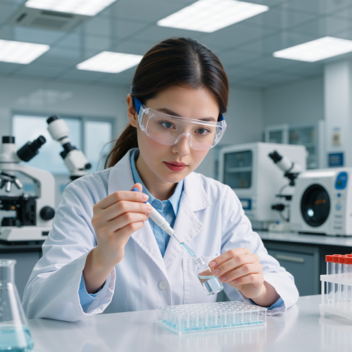 三十五岁左右女性，长发，穿白色实验服，背景实验室，专业工作环境